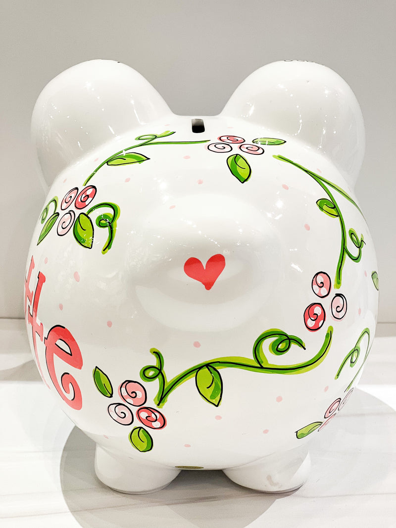 Hand-Painted Personalized Piggy Bank - Twisty Vine Flowers *TEMPORARILY UNAVAILABLE - See description for details