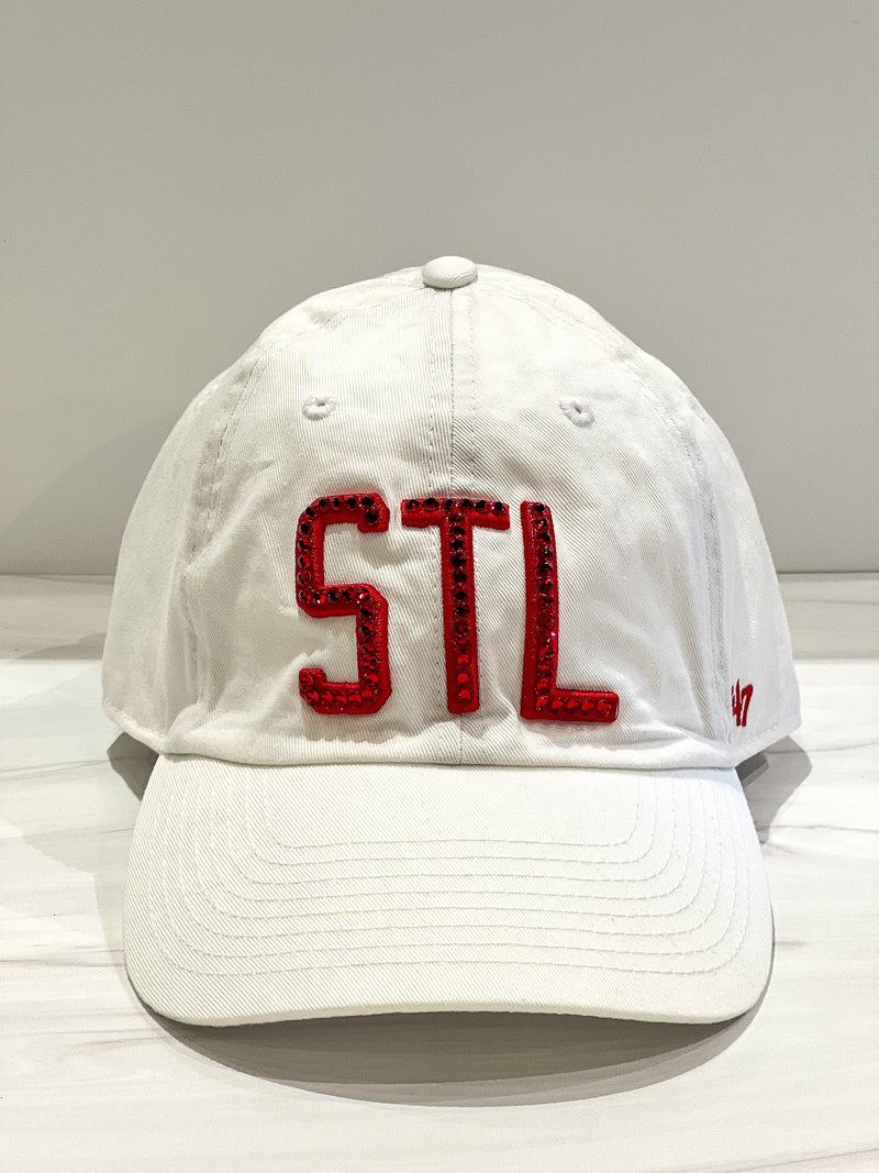 White STL Bling Baseball Hat w/Red Crystals