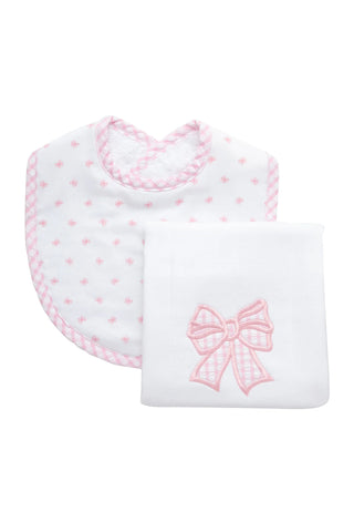 Pink Bow Set: Burp Cloth & Bib (Personalization Included)
