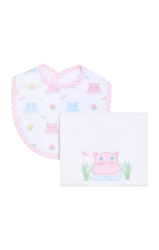 Pink Hippo Box Set: Burp Cloth & Bib (Personalization Included) - J.A. Whitney