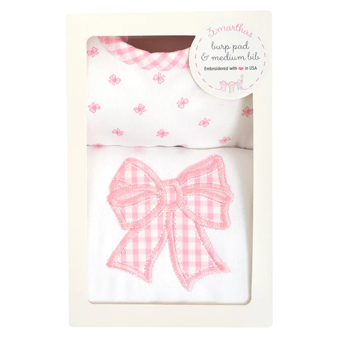 Pink Bow Set: Burp Pad & Bib (Personalization Included)