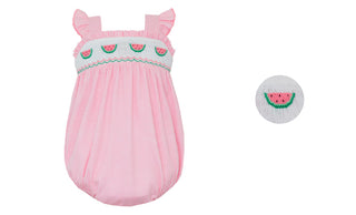 Pink and white check bubble with watermelon smocking on white background.