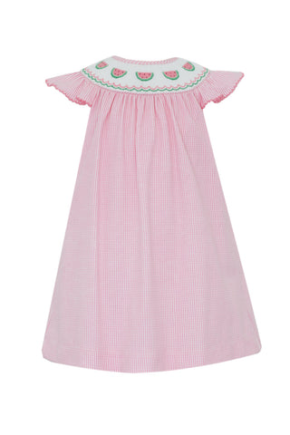 Pink dress with ruffled sleeves and embroidered neckline on a white background