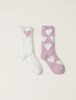 CozyChic Heart Print Sock Set - 2 Pairs - Pink / Pearl