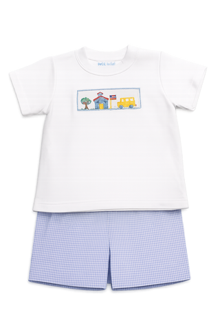 Petit Bebe Boy's School House Blue Gingham Short Set
