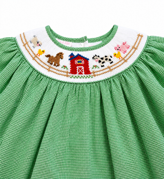 Petit Bebe Girl's Farm Green Gingham Bishop Dress