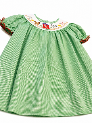 Petit Bebe Girl's Farm Green Gingham Bishop Dress