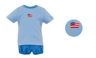 Petit Bebe Boy's Flag Blue Stripe T Shirt Set w/ Blue Bottoms
