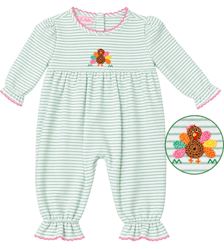 Petit Bebe Girl's Green Stripe Turkey Romper - J.A. Whitney