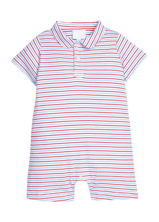 A short-sleeve baby romper with a red, white, and light blue horizontal stripe pattern, featuring a polo-style collar and snap-button placket.
