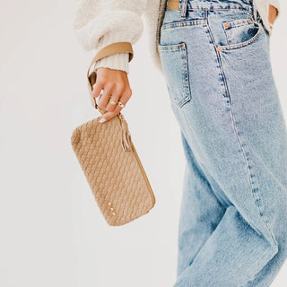 Suede Emma Woven Clutch Wristlet - Taupe