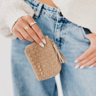 Suede Paris Card Wallet - Taupe
