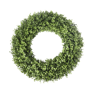 Round boxwood wreath featuring dense, lush green foliage in varying shades of green on a white background.