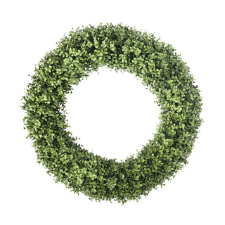 Round boxwood wreath featuring dense, lush green foliage in varying shades of green on a white background.