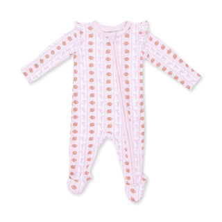 Football Bow Stripe - 2 Way Ruffle Back Zipper Footie