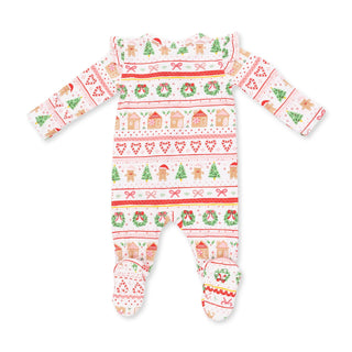 Gingerbread Fair Isle Pink - 2 Way Ruffle Back Zipper Footie