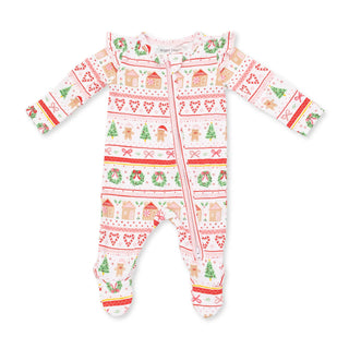 Gingerbread Fair Isle Pink - 2 Way Ruffle Back Zipper Footie