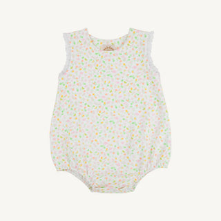 girls white cotton bubble with citrus pattern. sleeveless with ruffled edges