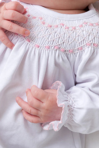 Pink smocked baby greeting gown — alternate view by The Beaufort Bonnet Company