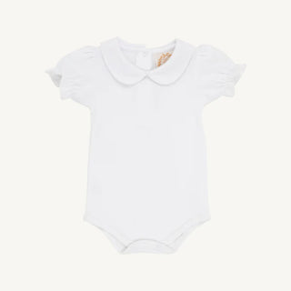 white pima cotton onesie with rounded collar and ruffle sleeve