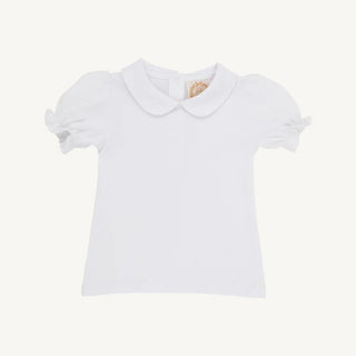 girls short sleeve white shirt with rounded collar and a ruffle sleeve