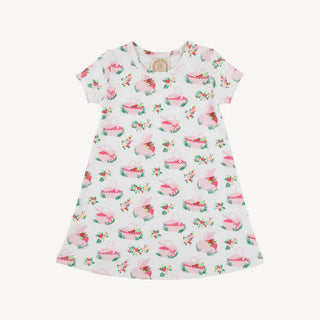 cotton dress with white background and pink picnic basket print