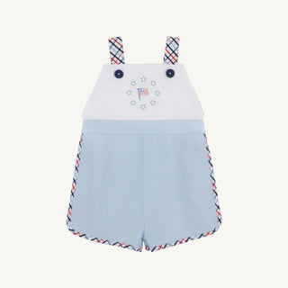 Children's light blue romper with white top and decorative elements on a white background
