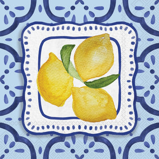 square cocktail napkin with blue border and lemons in the middle