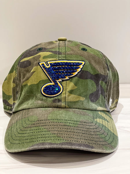 Classic Camo STL Blues Bling Baseball Dad Hat Blue Crystals Blinged Camo St. Louis Blues Blue Note Baseball Hat, Hand  main image 2
