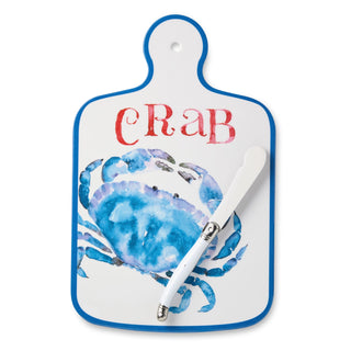 melamine cheese board with blue border and blue crab and in red lettering "crab"