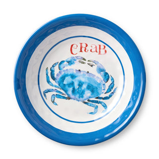 Plate with blue crab design and 'CRAB' text on a white background