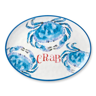 white melamine tray with blue border and blue crabs