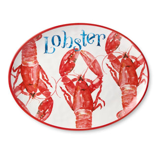 melamine white platter with red border and red lobster with blue lettering