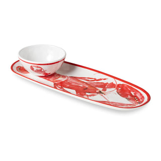 melamine oval tray with red border and red lobster with attached white dipping bowl
