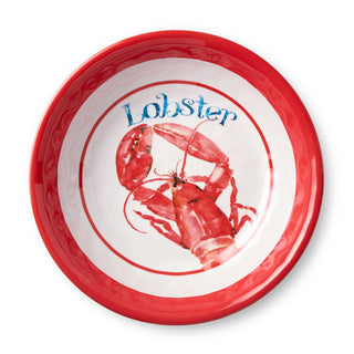white melamine bowl with red border and red lobster with blue lettering