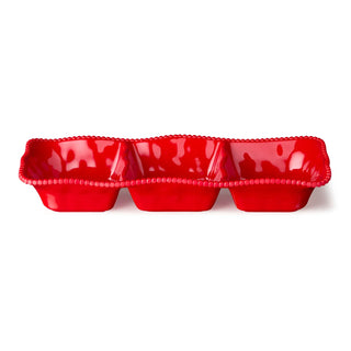 red melamine 3 section tray with pearled edges