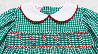 Petit Bebe Girl's Candy Cane Green Gingham Dress