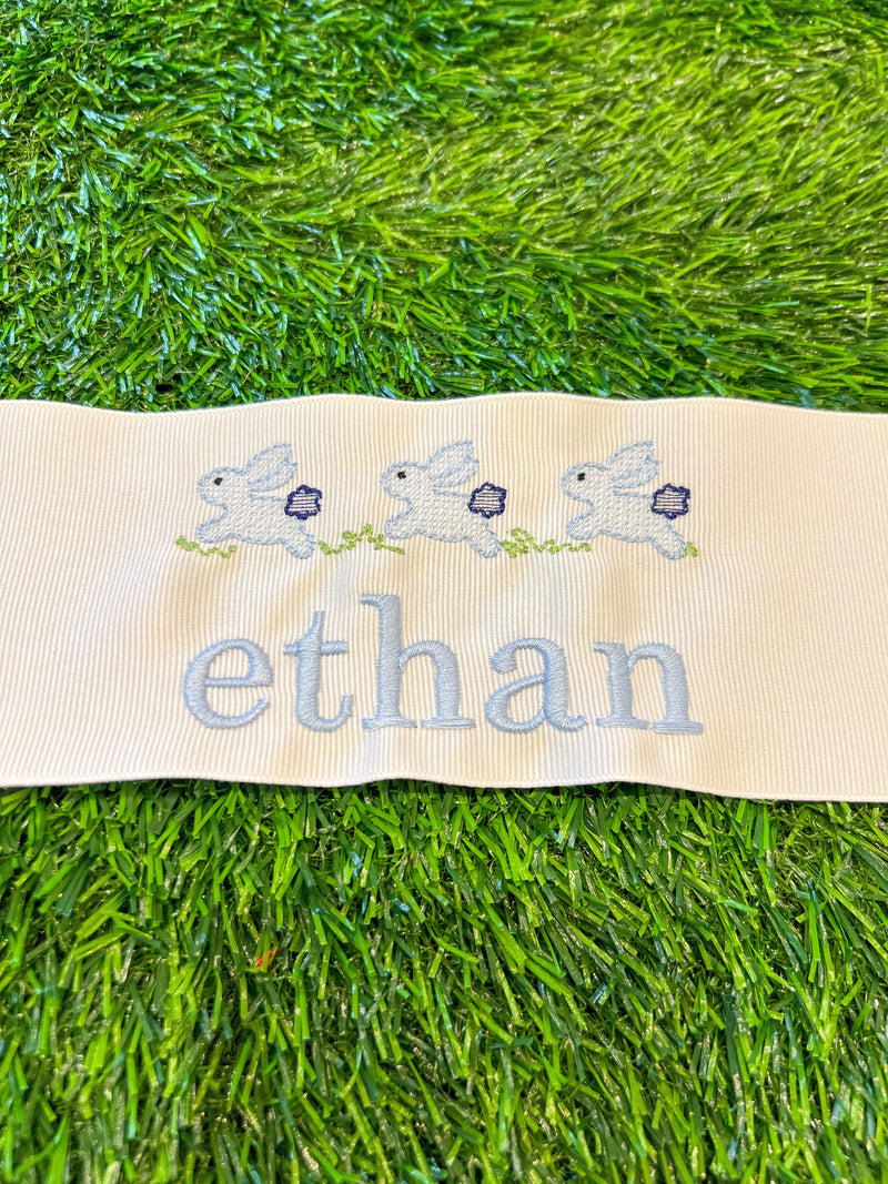 Easter Basket Ribbon - Blue Bunnies with Name