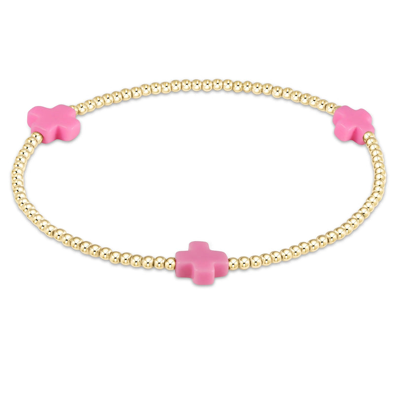 Signature Cross Gold Pattern 3MM Bead Bracelet - Bright Pink