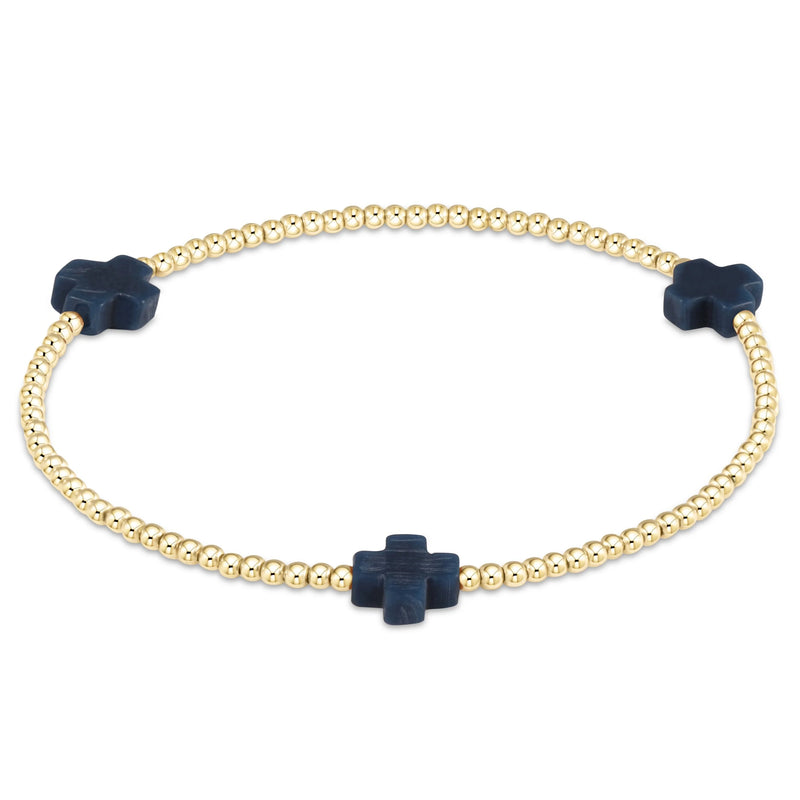 Signature Cross Gold Pattern 2MM Bead Bracelet - Navy