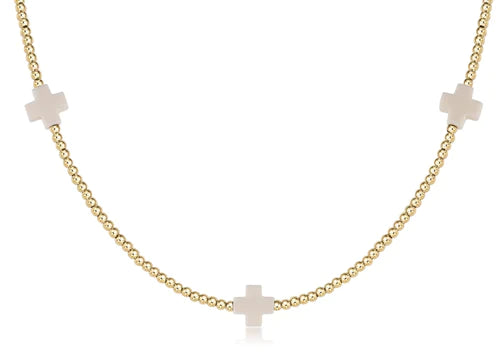 15" Choker Signature Cross Gold Pattern 2mm Bead - Off White