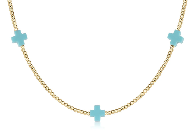 15" Choker Signature Cross Gold Pattern 2mm Bead - Turquoise