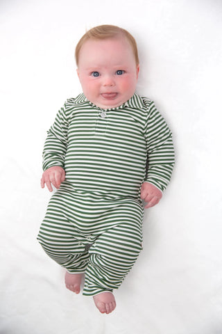 Sweatshirt Polo Romper - Green Stripes - J.A. Whitney