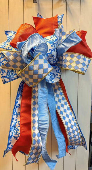 Large Hand Tied Bow with Blue Scroll, Blue Diamonds & Rust Ribbons - J.A. Whitney