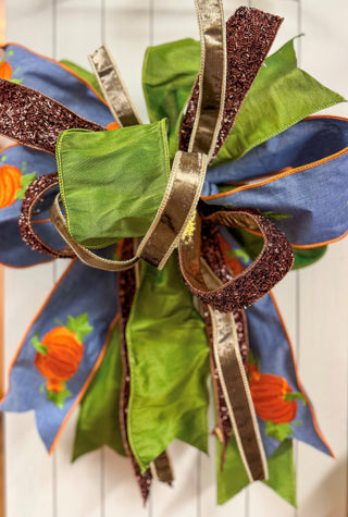 Large Fancy Fall Featuring Pumpkin Embroidered & Brown Confetti Ribbons