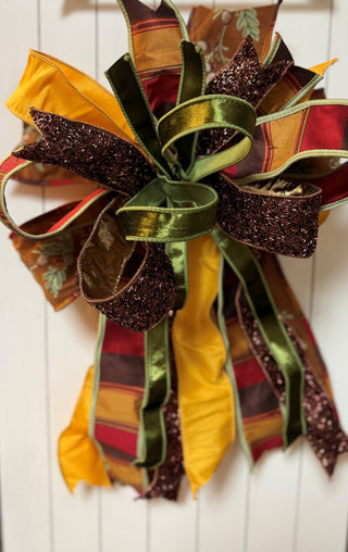 Large Hand Tied Bow with Fall Embroidery & Metallic Confetti Ribbons