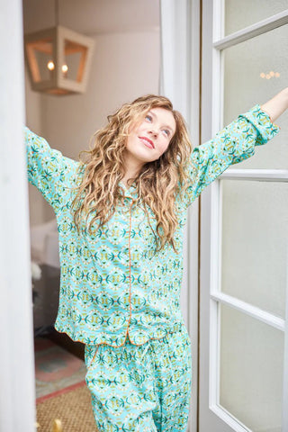 English Garden Teal Scalloped Pajama Set Long - J.A. Whitney