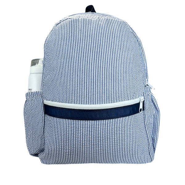 Navy Seersucker Large Backpack with Pockets (Personalization Included)