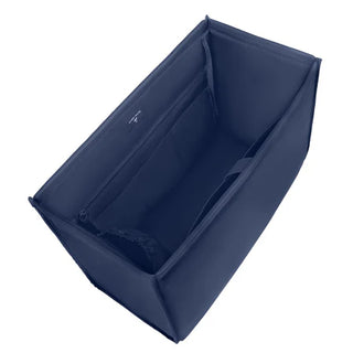A navy blue fabric organizer insert or storage bag with multiple interior compartments, shown on a plain white background.