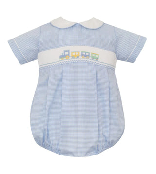Petit Bebe Boy's Train Light Blue Gingham Bubble
